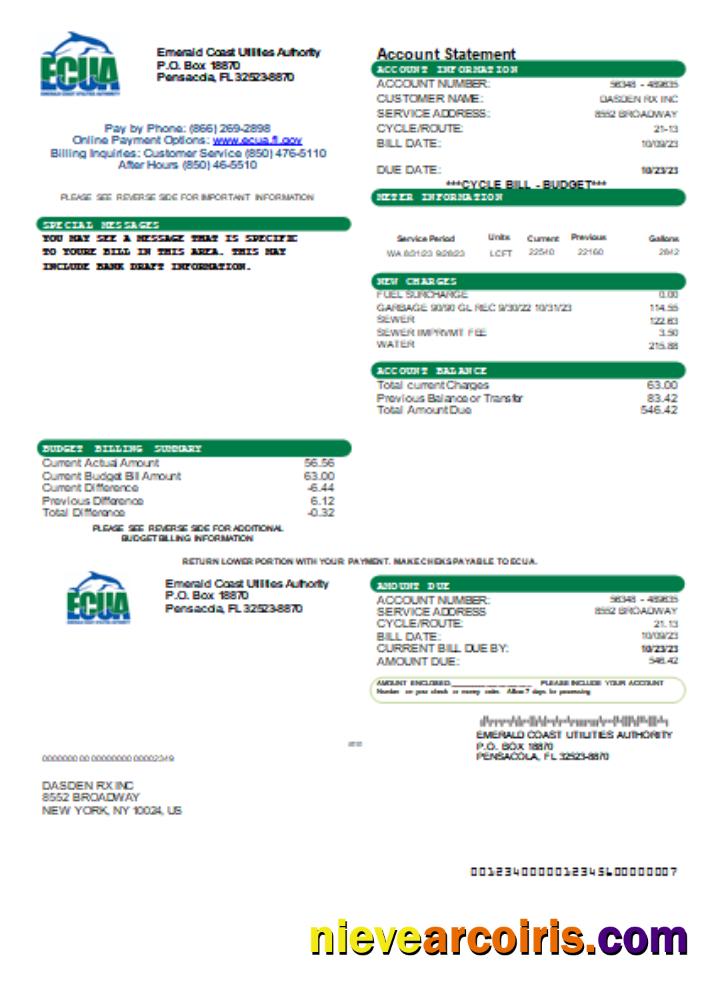 Emerald Coast Utilities Authority (ECUA) utility business bill